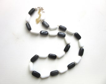 Vintage Glass Bead Necklace Rectangular Black & White Color Block 25 - 27.5 Inches