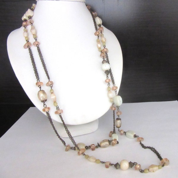 Art Deco Milk Glass Necklace Extra Long Illusion Flapper Style 48" Inches Single Strand