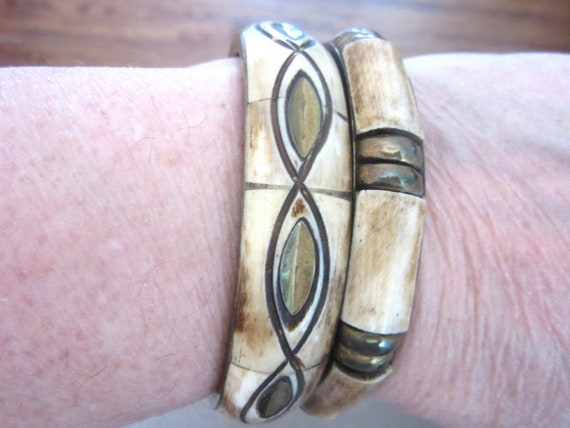 Two Brass Bangles Retro Boho 1970s - image 2