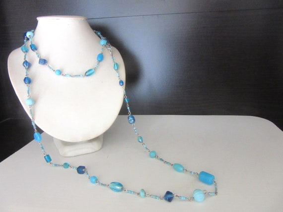 Extra Long Necklace Blue Venetian Glass Beads Sin… - image 5