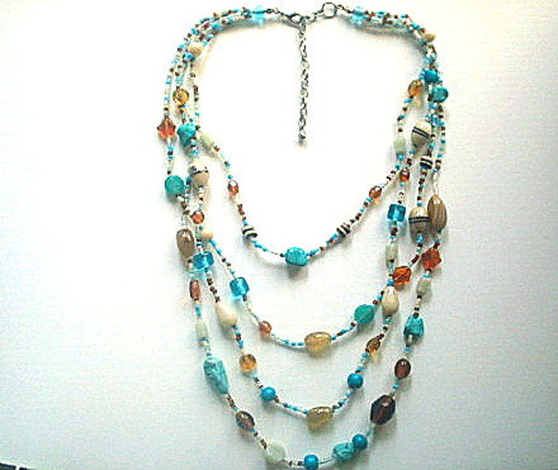 Multistrand Glass Bead Necklace with Turquoise Chips 16-23 Inches