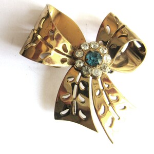 Sterling Vermeil Bow Brooch Blue & Clear Rhinestones