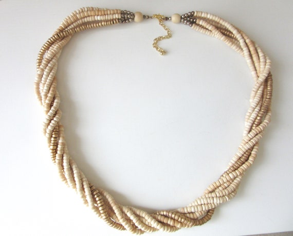 Long Wood Bead Necklace Multi Strand Torsade Neut… - image 3