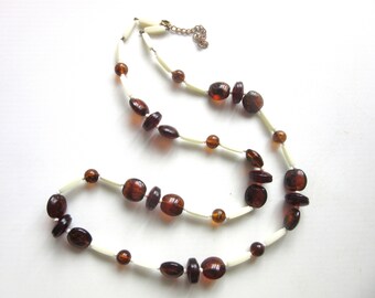 Long Root Beer Lucite Necklace Ivory Rod Beads Metal Strung 30 - 33 Inches MOD 1960s