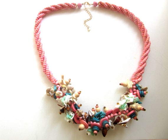 Long Sea Shell Necklace Braided Wood Beads Bubble… - image 1