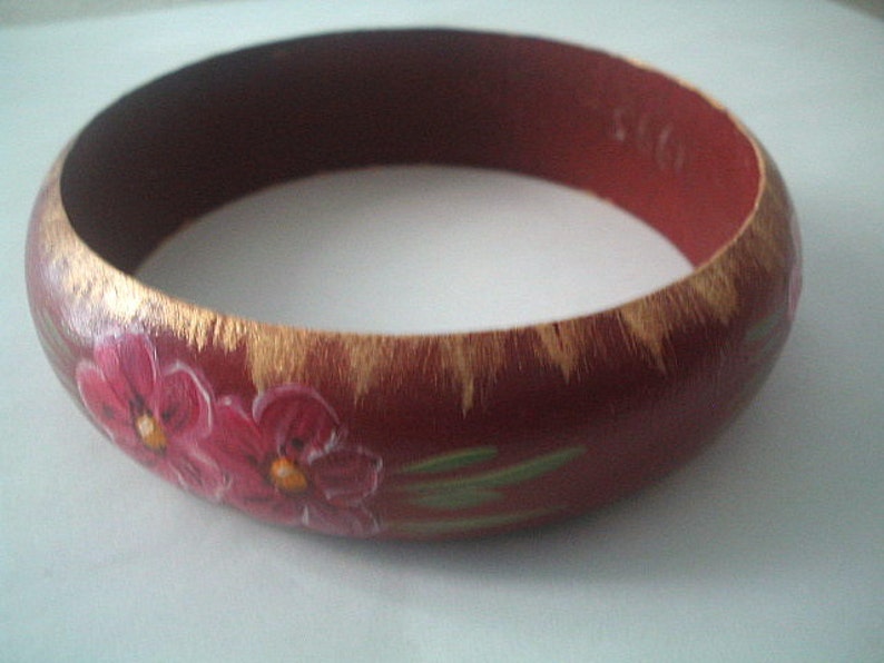 Wood Bangle Hand Painted Wine Red /& Gold Flowers