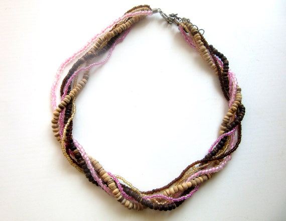 Glass & wood Bead Necklace Multistrand Pink Brown… - image 1