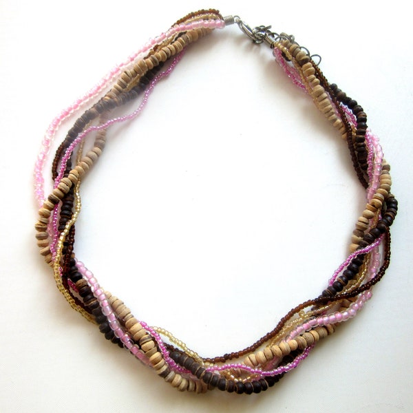 Collar de cuentas de vidrio y madera, varios hilos, color rosa, marrón y arena, de 18 a 21 pulgadas