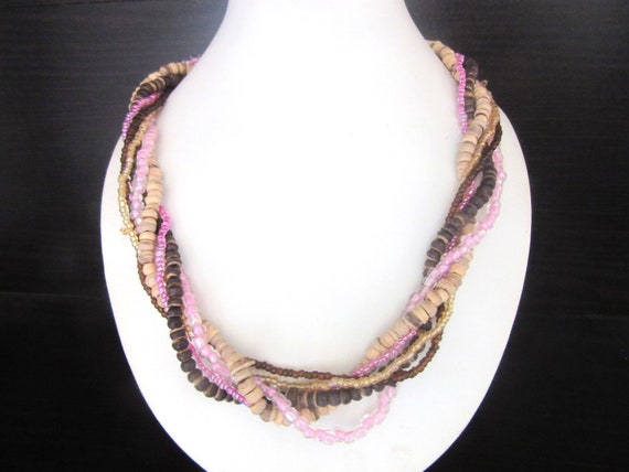 Glass & wood Bead Necklace Multistrand Pink Brown… - image 5