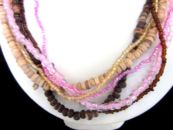 Glass & wood Bead Necklace Multistrand Pink Brown… - image 4