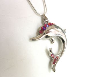 Dolphin Pendant Necklace Silver Plated with Red Aurora Borealis Rhinestones SP Snake Chain 20 - 23 Inches