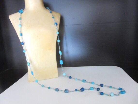 Extra Long Necklace Blue Venetian Glass Beads Sin… - image 3
