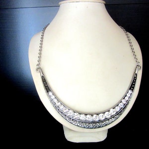 Curved Bar Necklace Silver Plated with Sparkling Rhinestones 18 - 21 Inches
