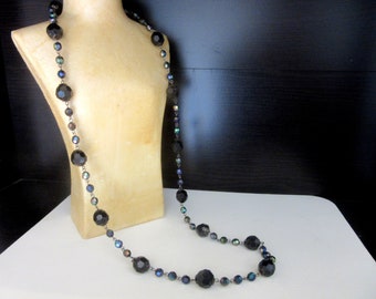 Long Peacock Carnivale Necklace & Faceted Jet Black Lucite Beads Single Strand Metal Strung 46 - 48 Inches