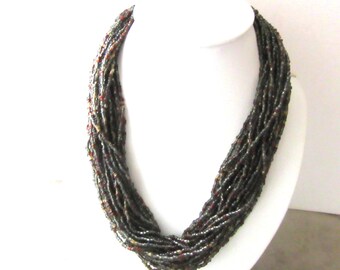 Torsade Necklace Glass Beads Multistrand 26 Strands 16 - 18 Inches Dark Charcoal Gray Honey Brown & Garnet Red