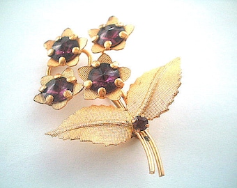 Purple Rhinestone Brooch Brushed Gold Tone Leaves & Flowers