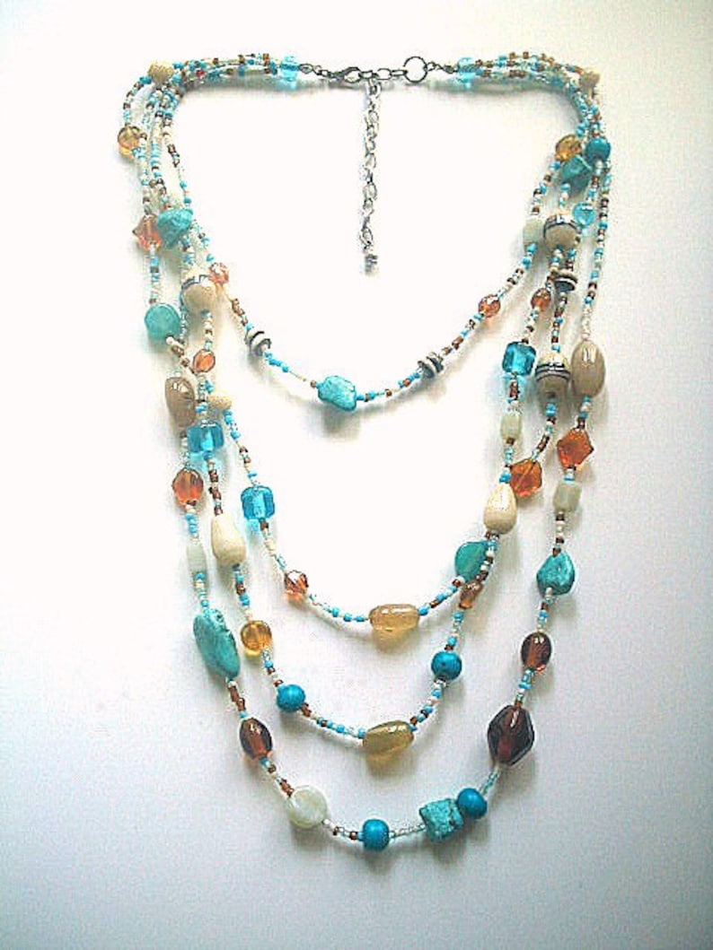 Multistrand Glass Bead Necklace with Turquoise Chips 16-23 Inches
