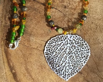 Multi-Green Gemstone Beaded Leaf Necklace