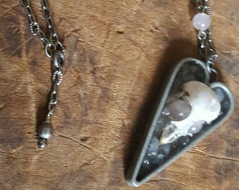 Rose Quartz and Small Bird Skull "Rosie" Adjustable Chain Necklace