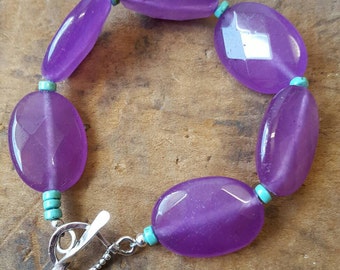 Purple Jade and Turquoise Bracelet with Sterling Silver Toggle Clasp