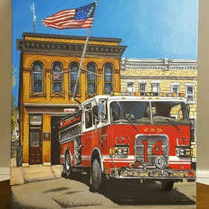 Archival Print des Originalgemäldes &quot;Engine 14&quot; Hollins Street, Baltimore City Fire Department auf Aquarellpapier.