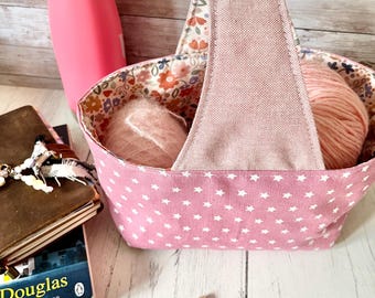 SMALL pink star floral cotton canvas basket bag / knitting project bag / crochet / sewing / storage