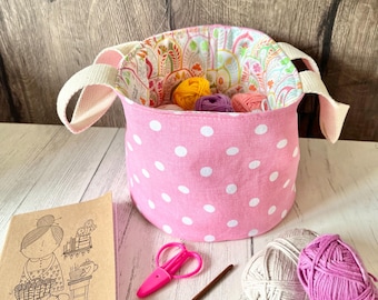 SMALL pale dotty floral canvas round hobby basket bag / knitting project bag / crochet / sewing / storage / home decor