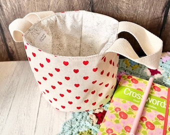 SMALL red love heart round hobby basket bag / knitting project bag / crochet / sewing / storage / home decor