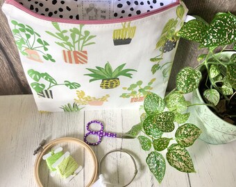 Knitting project bag / houseplant embroidery cross stitch sock knitting / crochet zip project storage bag