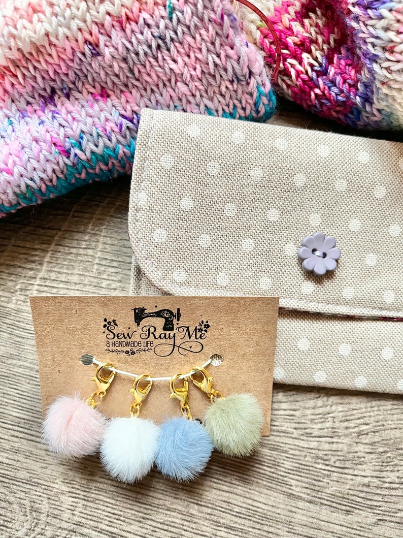 Set of 4 fluffy pastel pompom progress keepers / crochet / knitting stitch marker / progress keeper image 3