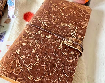 Floral embossed standard size travellers travelers notebook leather journal with inserts and pockets