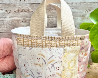Handmade country patchwork basket bag / crochet / sewing / storage / analogue / hobby basket