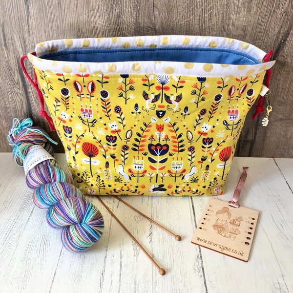Knitting project bag / mustard folklore sock large drawstring knitting / crochet project bag