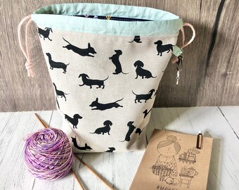 Dachshund sausage dog floral mini drawstring sock knitting / crochet project bag