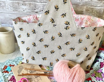 LARGE handmade neutral bees pink floral / crochet / sewing / storage / analogue / hobby basket