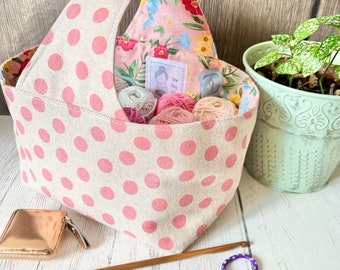 SMALL neutral pink spotty floral basket bag / knitting project bag / crochet / sewing / storage