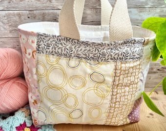 Handmade country patchwork basket bag / crochet / sewing / storage / analogue / hobby basket