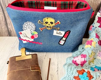 Handmade Denim Zip Case: Kawaii Patches, Knitting Project Bag