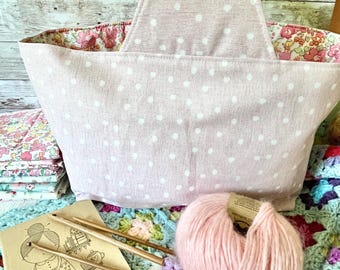 LARGE handmade pale pink dot ditsy floral / crochet / sewing / storage / analogue / hobby basket