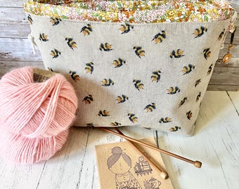 Summer bee mustard floral Knitting Project Bag: Large Drawstring Crochet Bag
