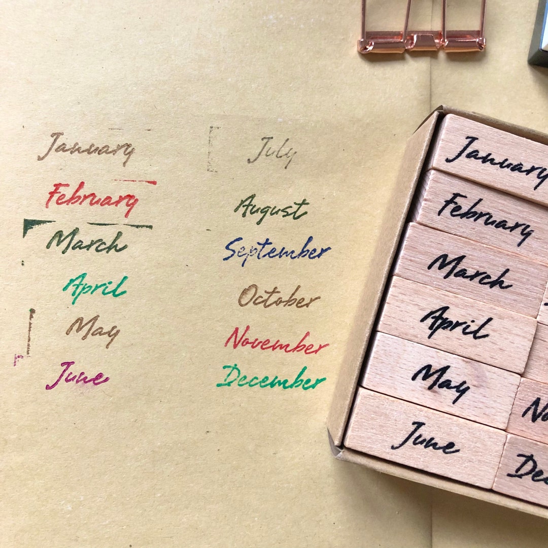 Set of 12 Wood Mounted Stamps Months of the Year Calendar Journal Diary