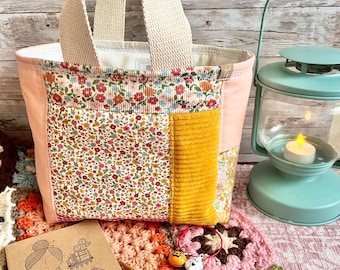Handmade autumnal homespun country patchwork basket bag / crochet / sewing / storage / analogue / hobby basket