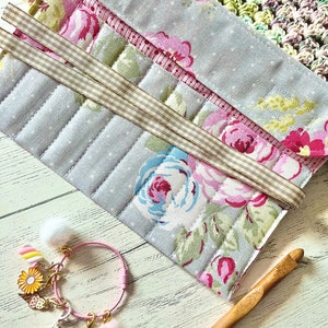 Crochet hook storage roll blue floral rose image 6