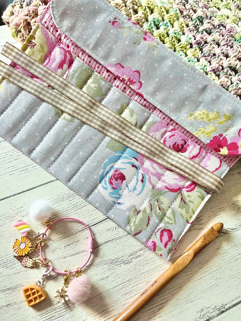 Crochet hook storage roll blue floral rose image 6