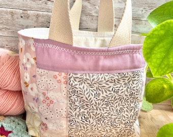 Handmade country patchwork basket bag / crochet / sewing / storage / analogue / hobby basket