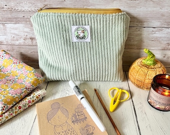 Pale mint green chunky corduroy floral zip case bag / storage / journaling / notions pouch