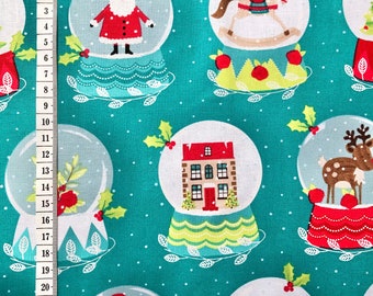 100% cotton fabric teal snow globes Christmas santa fabric- fat quarter or metre