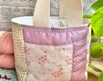 Handmade country patchwork basket bag / crochet / sewing / storage / analogue / hobby basket