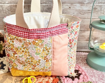 Handmade autumnal homespun country patchwork basket bag / crochet / sewing / storage / analogue / hobby basket