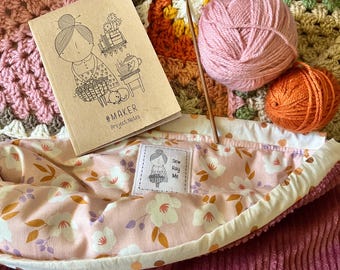 Autumnal cosy plum floral knitting crocheting sewing large drawstring project bag